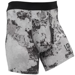 A pair of boxer briefs featuring a black and gray abstract camouflage pattern with a black waistband and a small \“LB\“ logo on the leg.