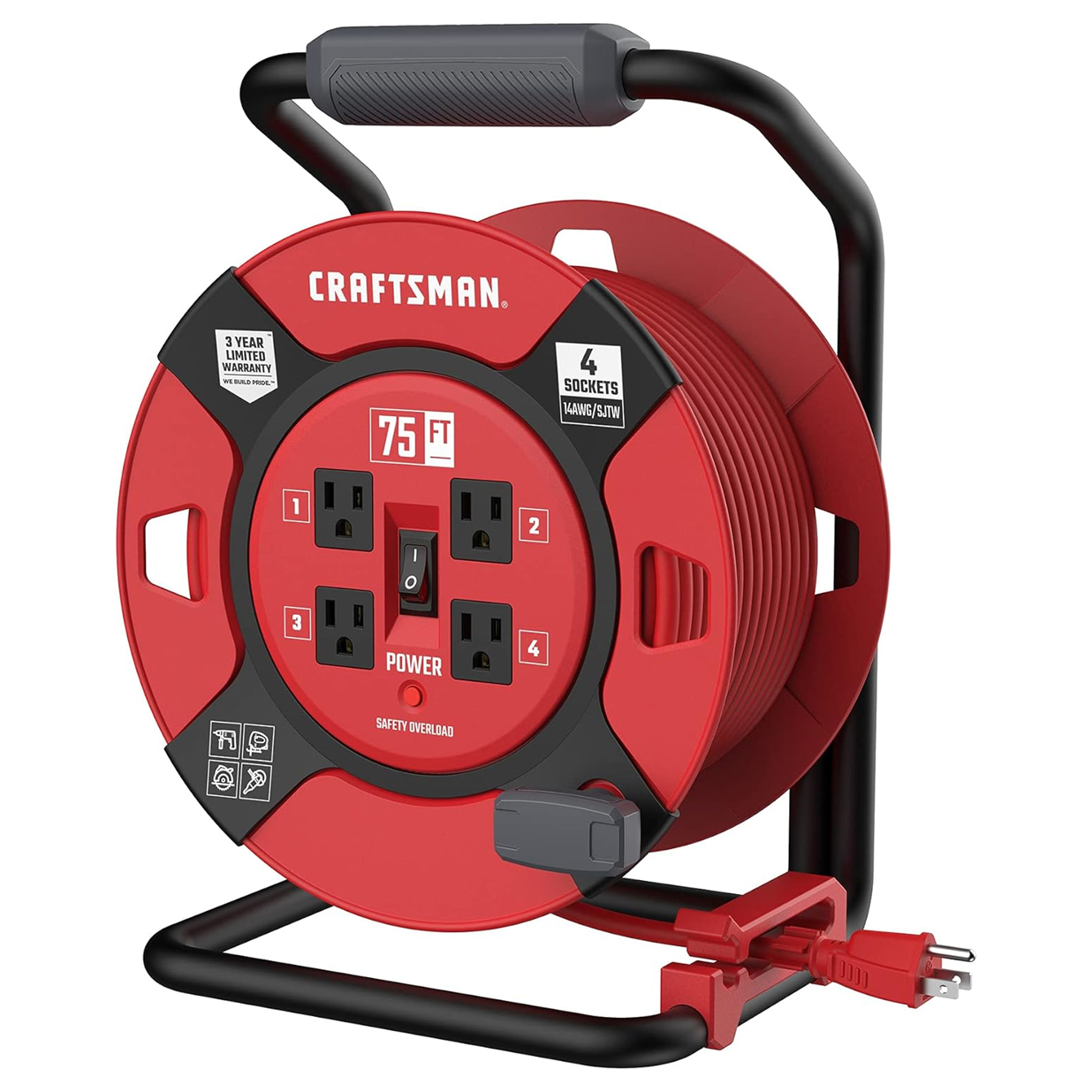 CRAFTSMAN Retractable Extension Cord, 75 ft, with 4 sockets, 14AWG/SJTW, features a safety overload indicator, power switch, and three-year limited warranty.