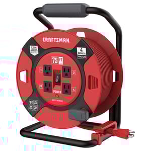 CRAFTSMAN Retractable Extension Cord, 75 ft, with 4 sockets, 14AWG/SJTW, features a safety overload indicator, power switch, and three-year limited warranty.