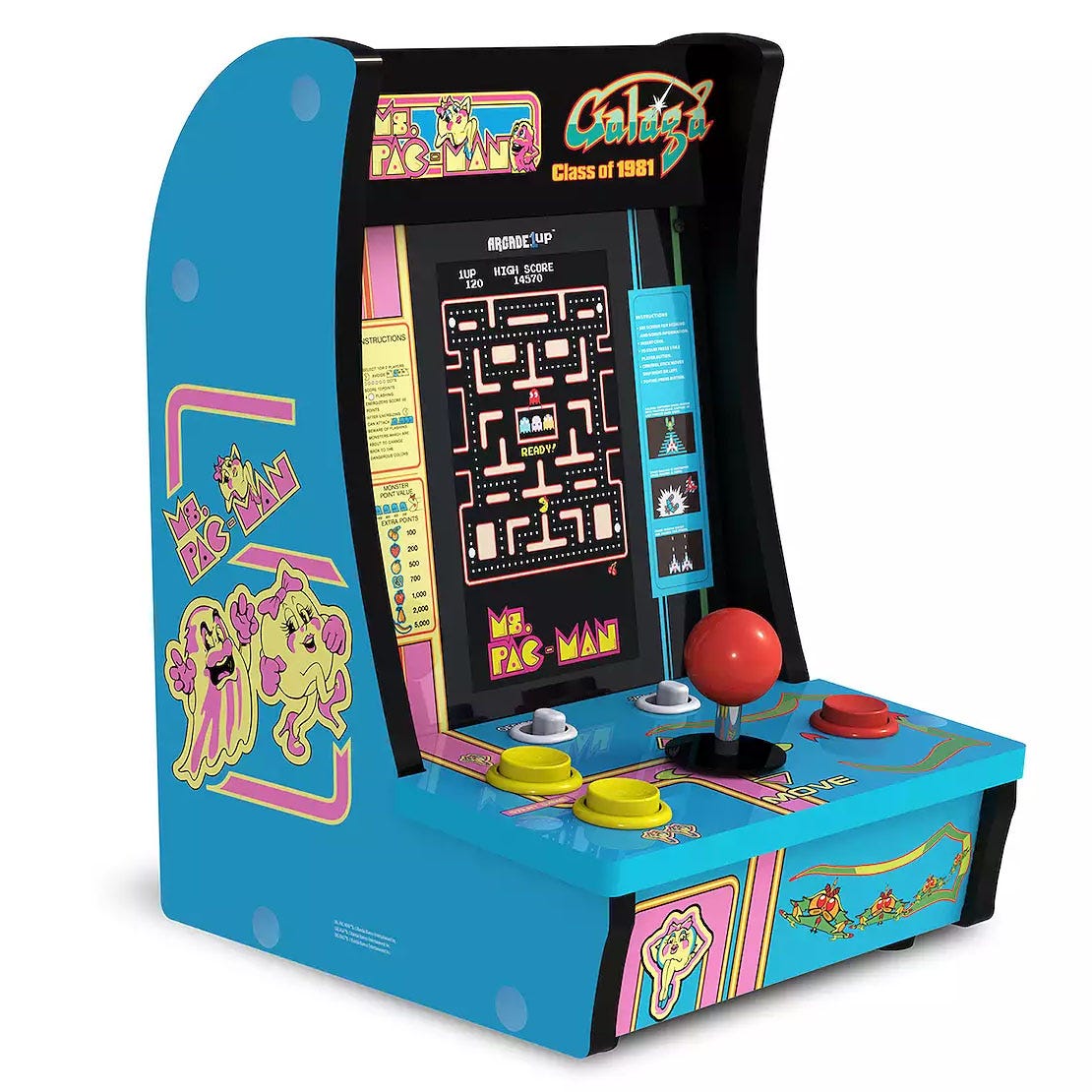 The Ms. Pac-Man Countertop Arcade features classic arcade game graphics in bright blue, with a joystick and buttons for gameplay. The front panel displays the Ms. Pac-Man logo and a game screen, capturing a nostalgic arcade experience.