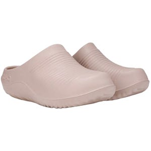 A pair of pink slip-on clogs with a textured design and slightly elevated soles.