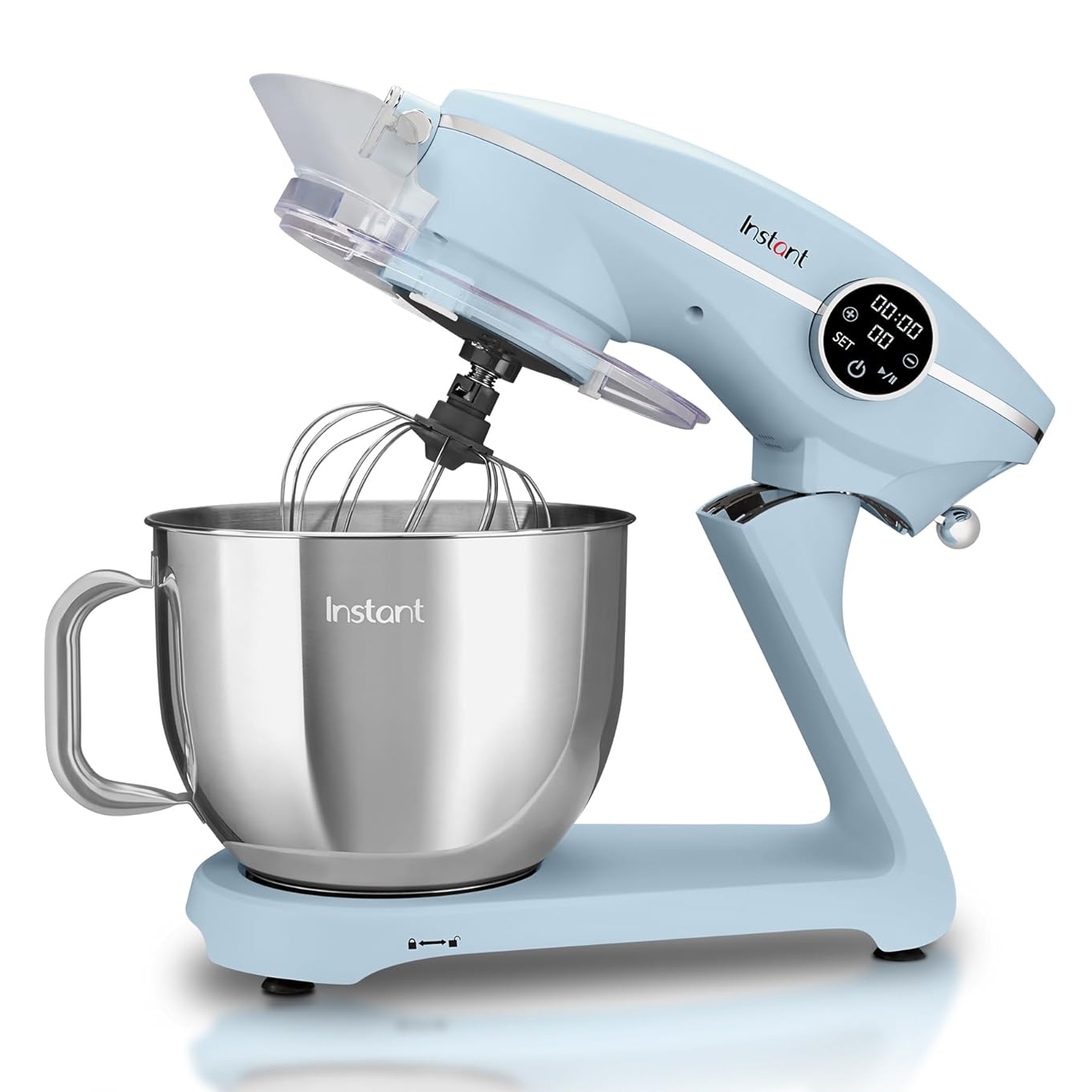 The Instant 7.4qt Stand Mixer in light blue features a stainless steel bowl, a digital screen for settings, and a whisk attachment.