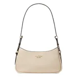 Kate Spade New York beige handbag with adjustable dark brown shoulder strap, featuring a pebbled leather texture and gold logo detailing.