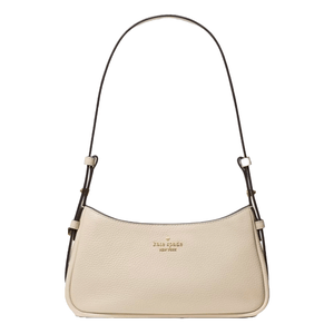 Kate Spade New York beige handbag with adjustable dark brown shoulder strap, featuring a pebbled leather texture and gold logo detailing.