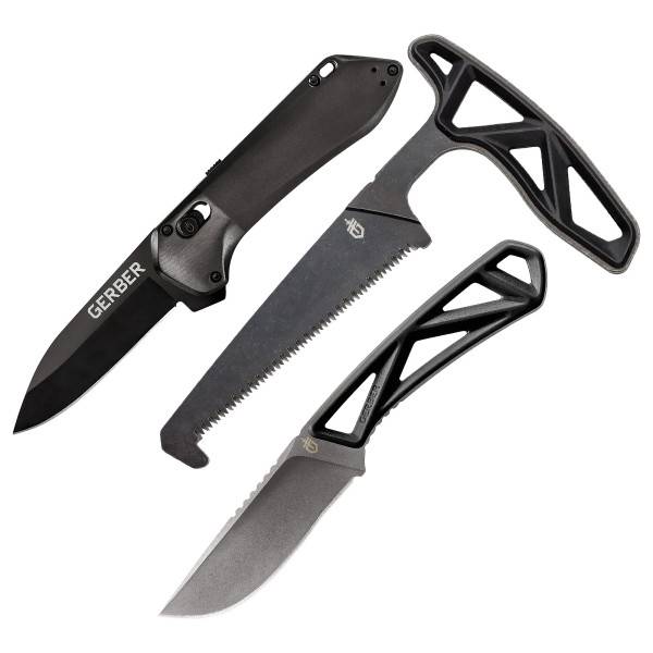 A set of Gerber tools including a folding knife, a saw, and another type of blade, all featuring black handles with a lightweight lattice design.