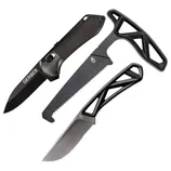 A set of Gerber tools including a folding knife, a saw, and another type of blade, all featuring black handles with a lightweight lattice design.