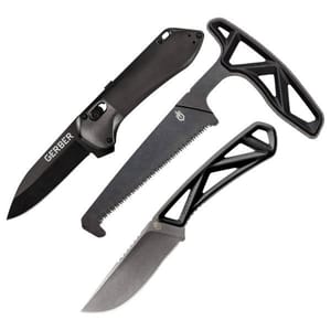 A set of Gerber tools including a folding knife, a saw, and another type of blade, all featuring black handles with a lightweight lattice design.