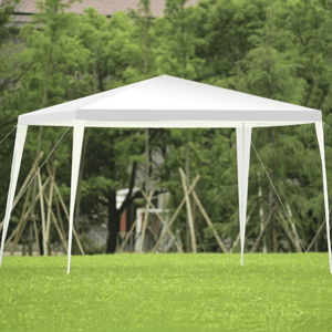 A white outdoor canopy tent with four legs and a peaked roof set on a grassy area, supported by ropes for stability.