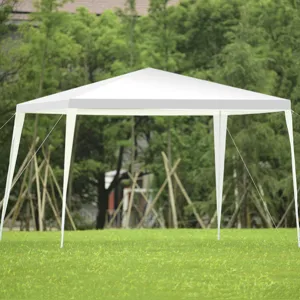 A white outdoor canopy tent with four legs and a peaked roof set on a grassy area, supported by ropes for stability.