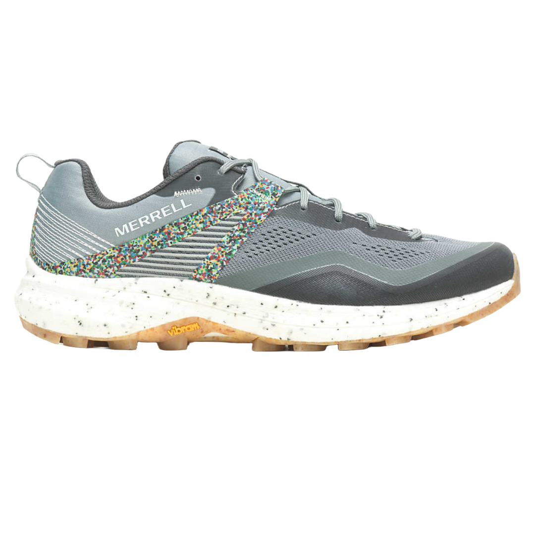 Merrell MQM 3 Hiking Shoes are lightweight trail shoes featuring a mixed gray color with multicolored support strap accents. They have a Vibram sole for enhanced grip and a cushioned midsole for comfort.