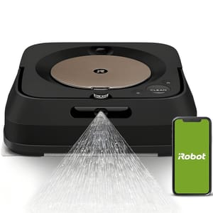 The iRobot Braava Jet Robot Mop is a compact, black automated floor cleaner with a precision jet spray for mopping, shown alongside a smartphone for app control.