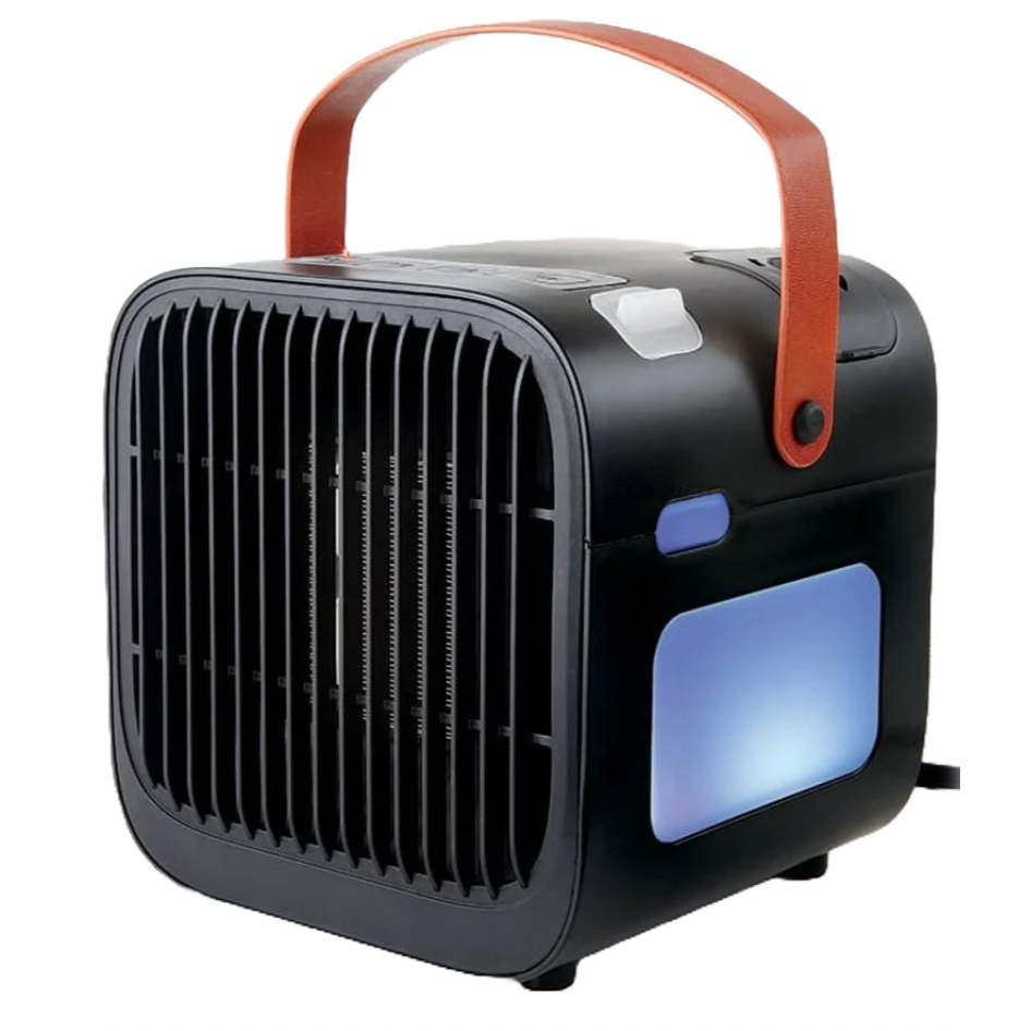A compact humidifying space heater with a black body, front grille, side light, and orange carrying handle.