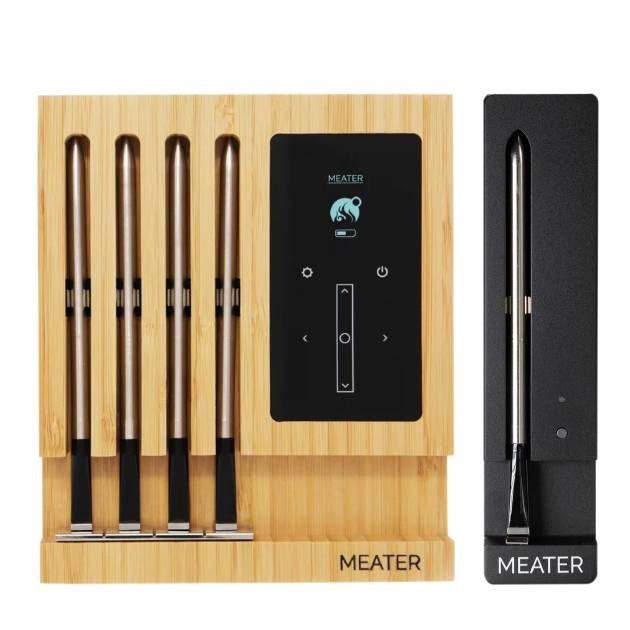 The Meater Meat Thermometer Bundle includes a bamboo charging block with four probes and an additional black single probe charger.
