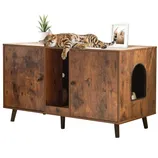 A wooden cabinet with a cat doorway is shown, featuring two doors and a shelf inside. A cat lies on top alongside a small potted plant and a framed photo.