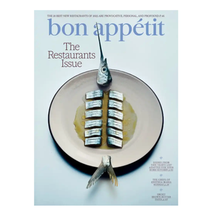 Bon Appétit magazine cover features \“The Restaurants Issue\“ with a creative dish arrangement of whole and sliced fish on a plate.