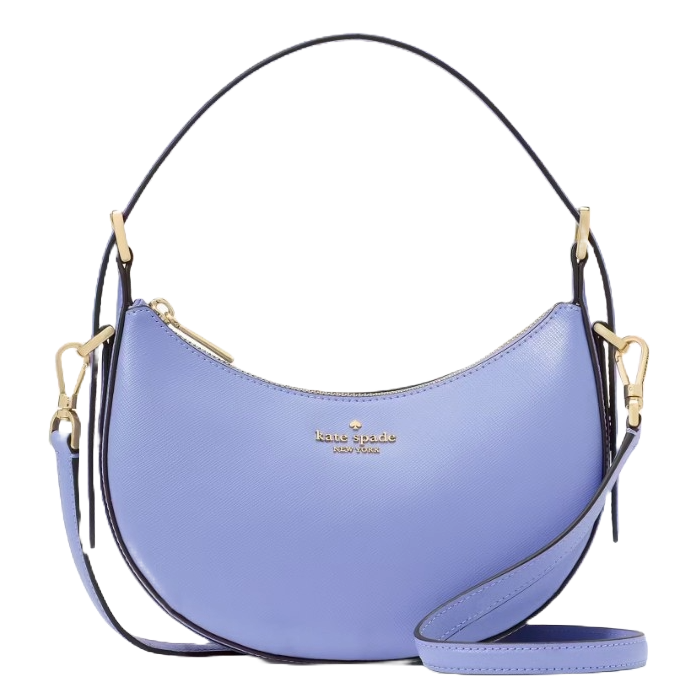 A lavender Kate Spade crescent-shaped handbag featuring gold hardware, a short handle, and an adjustable shoulder strap.