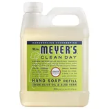 Mrs. Meyer's Clean Day Lemon Verbena Hand Soap Refill, 33 fl oz, features aromatherapeutic properties with olive oil and aloe vera, designed for effective cleaning and a bright scent.