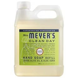 Mrs. Meyer's Clean Day Lemon Verbena Hand Soap Refill, 33 fl oz, features aromatherapeutic properties with olive oil and aloe vera, designed for effective cleaning and a bright scent.