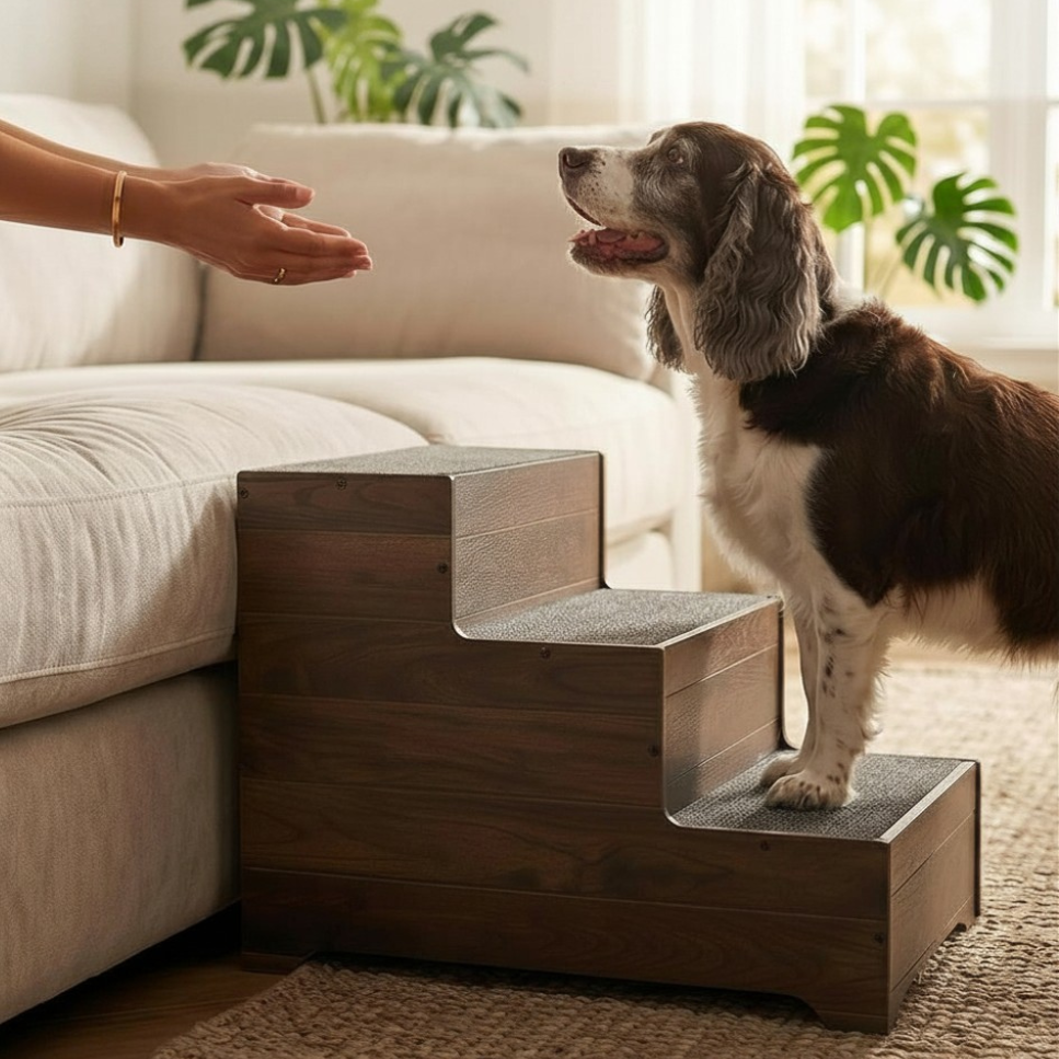 A small dog is using a wooden pet stair to access a sofa. A person is extending a hand toward the dog.