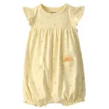 Yellow baby romper with ruffled sleeves, small floral pattern, and elastic leg openings. Features a front pocket with a sun design peeking out.