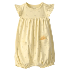 Yellow baby romper with ruffled sleeves, small floral pattern, and elastic leg openings. Features a front pocket with a sun design peeking out.
