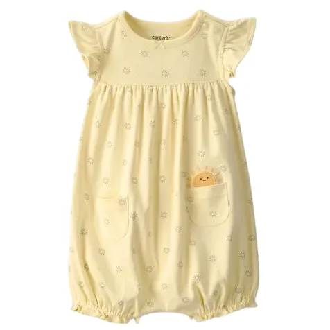 Yellow baby romper with ruffled sleeves, small floral pattern, and elastic leg openings. Features a front pocket with a sun design peeking out.