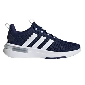 A navy blue athletic shoe with white detailing and three white stripes on the side, featuring a mesh upper and a cushioned sole.