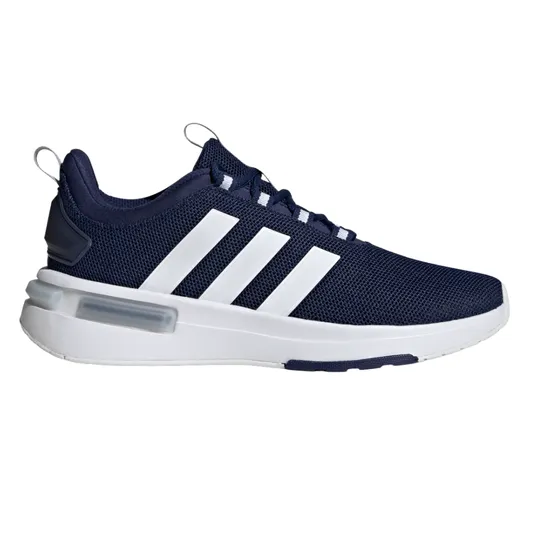 A navy blue athletic shoe with white detailing and three white stripes on the side, featuring a mesh upper and a cushioned sole.