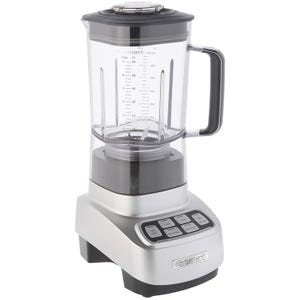 Cuisinart Blender with a clear plastic jar, measurement markings, black lid, and controls labeled \“Off/On,\“ \“Low,\“ \“High,\“ \“Ice Crush,\“ and \“Smoothie\“ on a silver base.