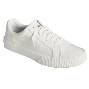 White low-top sneakers with a canvas upper, lace-up design, and a ribbed rubber sole.