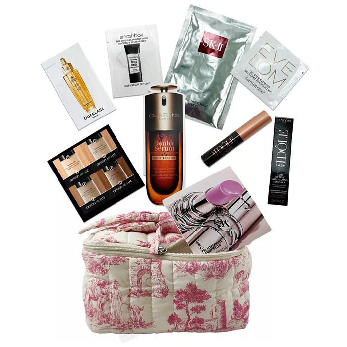 Macy's Free 10pc Beauty Gift includes samples of Guerlain serum, Smashbox primer, SK-II mask, Eve Lom cleanser, Clarins Double Serum, Armani foundation, Lancôme mascara, a fragrance, and a pink-patterned cosmetic bag.