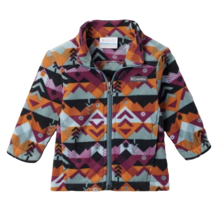 Colorful fleece jacket with geometric patterns in orange, magenta, black, and light blue featuring a full zipper and a stand-up collar, branded with Columbia logo.