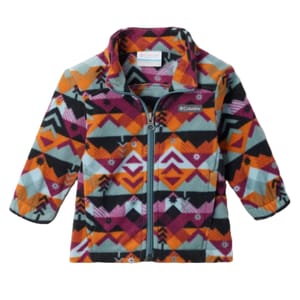 Colorful fleece jacket with geometric patterns in orange, magenta, black, and light blue featuring a full zipper and a stand-up collar, branded with Columbia logo.