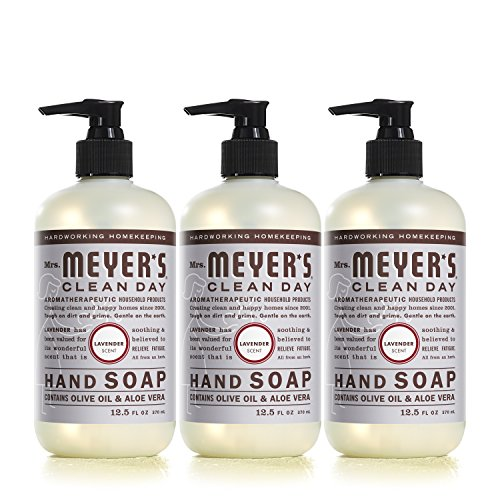 Three bottles of Mrs. Meyer's Clean Day Lavender Hand Soap, each 12.5 fl oz, containing olive oil and aloe vera.
