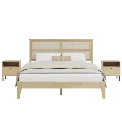 A natural wood bed frame with a woven rattan headboard is flanked by two matching nightstands featuring open shelves and drawers with rattan fronts.