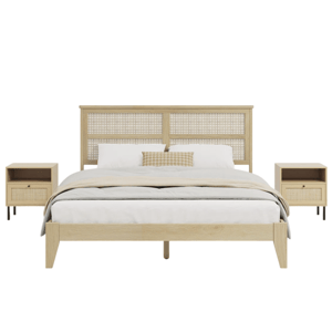 A natural wood bed frame with a woven rattan headboard is flanked by two matching nightstands featuring open shelves and drawers with rattan fronts.