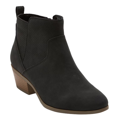 Black ankle-height booties with a smooth finish, featuring a low stacked heel and side elastic panels for easy slip-on.