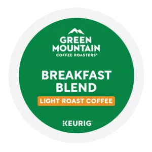 Green Mountain Coffee Roasters Breakfast Blend Light Roast Coffee, compatible with Keurig machines.