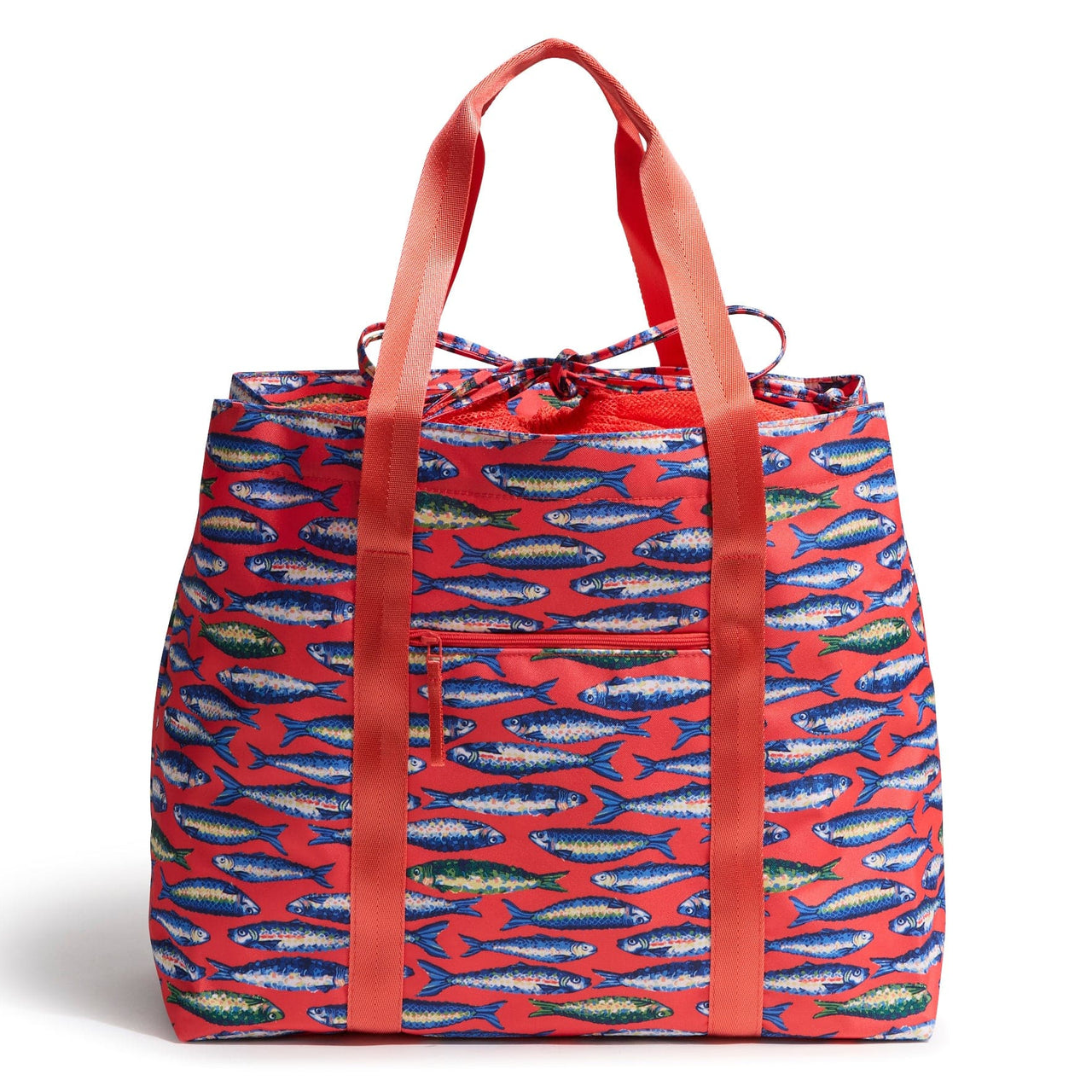 Vera Bradley Large Family Tote features a vibrant red design with blue fish patterns, includes sturdy red handles, and has a front zip pocket.