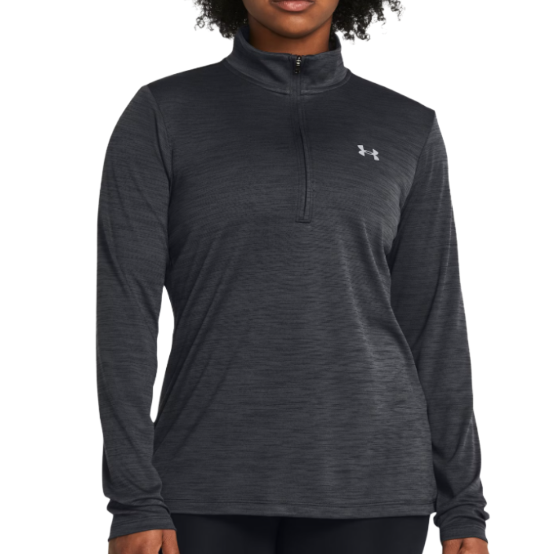 A dark gray, long-sleeve athletic pullover with a quarter-zip design and a small Under Armour logo on the chest.