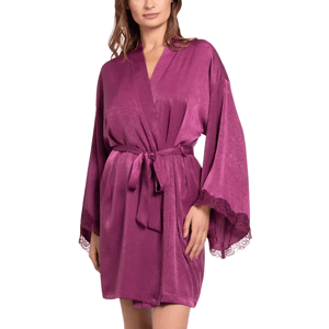 Purple knee-length kimono robe with lace-trimmed sleeves and a matching belt.
