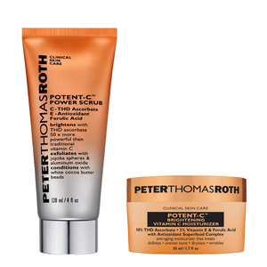 Peter Thomas Roth Potent-C Power Scrub and Potent-C Brightening Vitamin C Moisturizer feature THD Ascorbate, Vitamin E, and Ferulic Acid. The scrub brightens and exfoliates, and the moisturizer addresses dullness, uneven tone, dryness, and wrinkles.