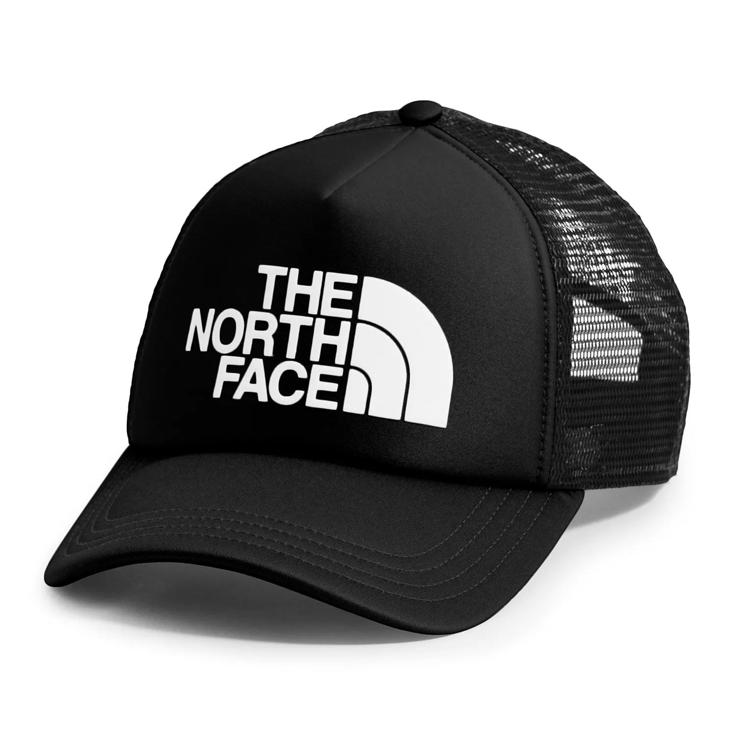 Black trucker hat with \“The North Face\“ logo in white on the front and mesh back panels.