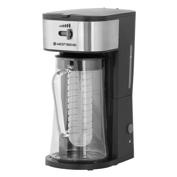 West Bend iced tea maker with a black and stainless steel design, featuring a clear glass pitcher.