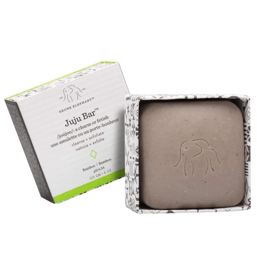 Drunk Elephant's Juju Bar, 120g, is a cleansing and exfoliating bar with a pH of 6.34, featuring bamboo and presented with elephant motif packaging.