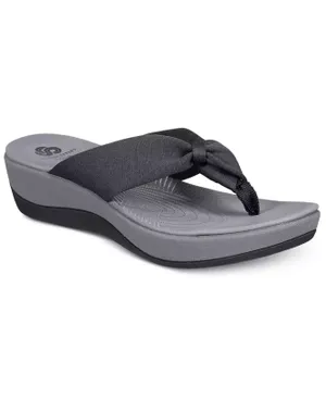 Black wedge flip-flop with a soft fabric strap tied in a knot over the top.
