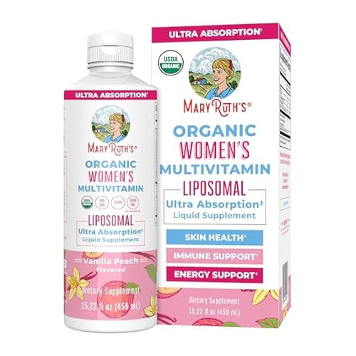 Mary Ruth's Organic Women's Multivitamin Liposomal 2-Pack includes a liquid supplement designed for ultra absorption. It features vanilla peach flavor and supports skin, immune, and energy health. USDA Organic certified, each bottle is 15.22 fl oz (450 ml).