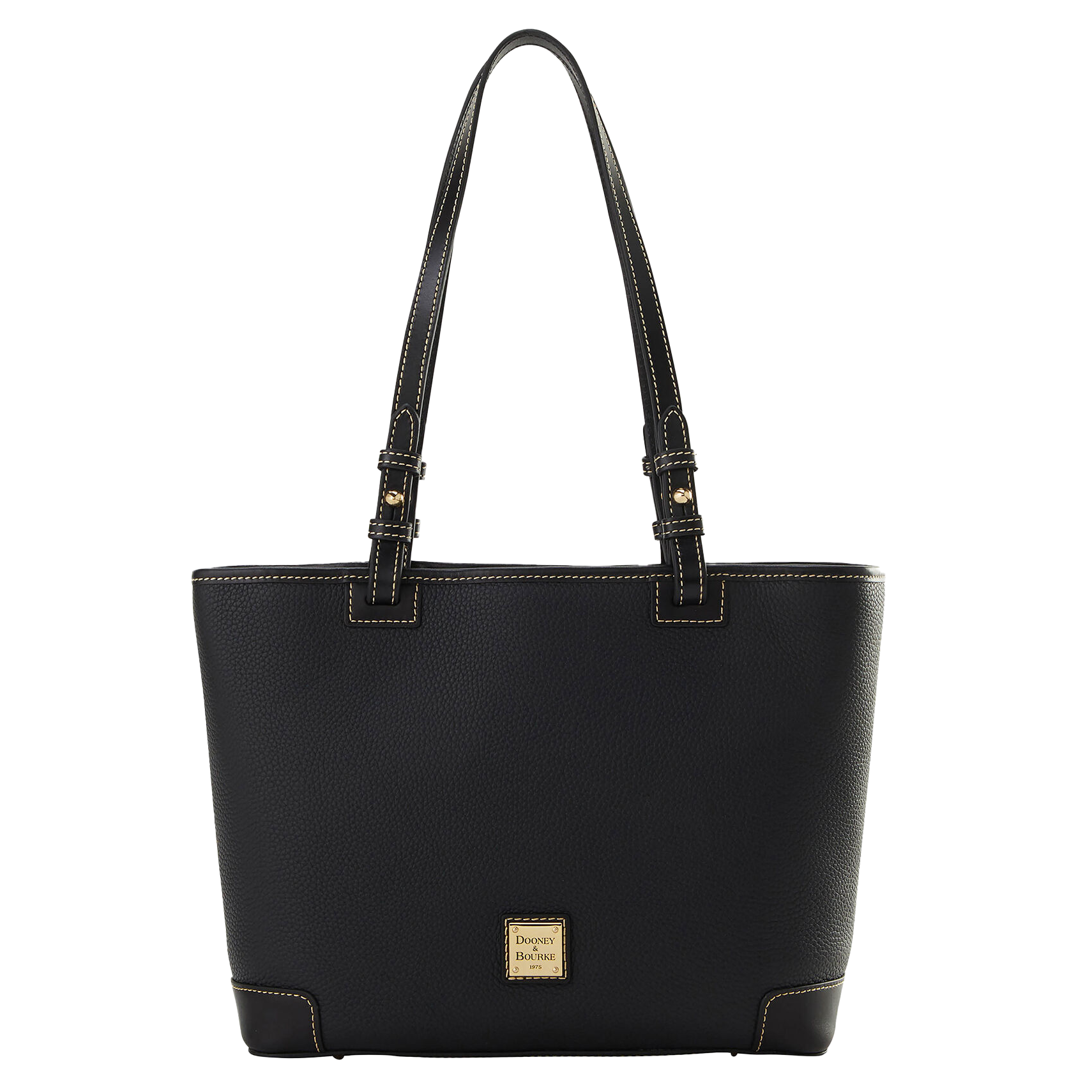 Black Dooney & Bourke Pebble Leather Tote with two adjustable shoulder straps and contrast stitching, featuring a small gold logo plaque on the front.