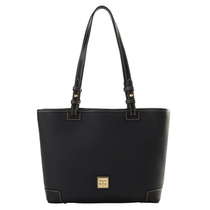 Black Dooney & Bourke Pebble Leather Tote with two adjustable shoulder straps and contrast stitching, featuring a small gold logo plaque on the front.