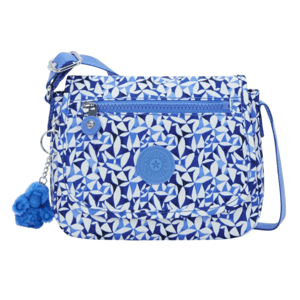 A blue and white geometric-patterned crossbody bag featuring a front pocket with a zipper, a circular logo, and a small plush accessory attached.